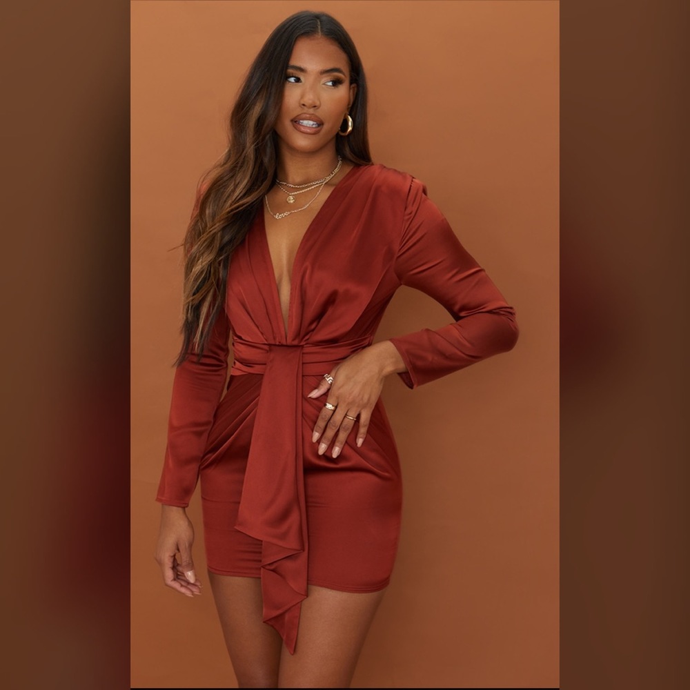 Rust Satin Long Sleeve Drape Detail Plunge Bodycon Dress